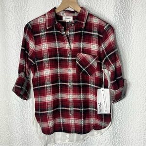 MADDIE Maroon & White Plaid Button Down Cuffed Sleeve Back Lace Detail Top